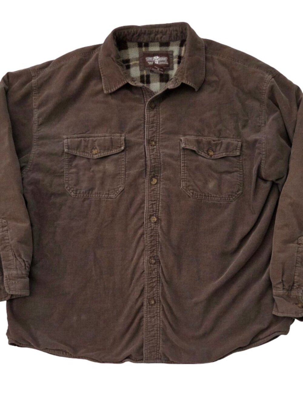 Levi Strauss Corduroy Shirt Jacket Mens XXL Brown Plaid Fleece Lined Shacket